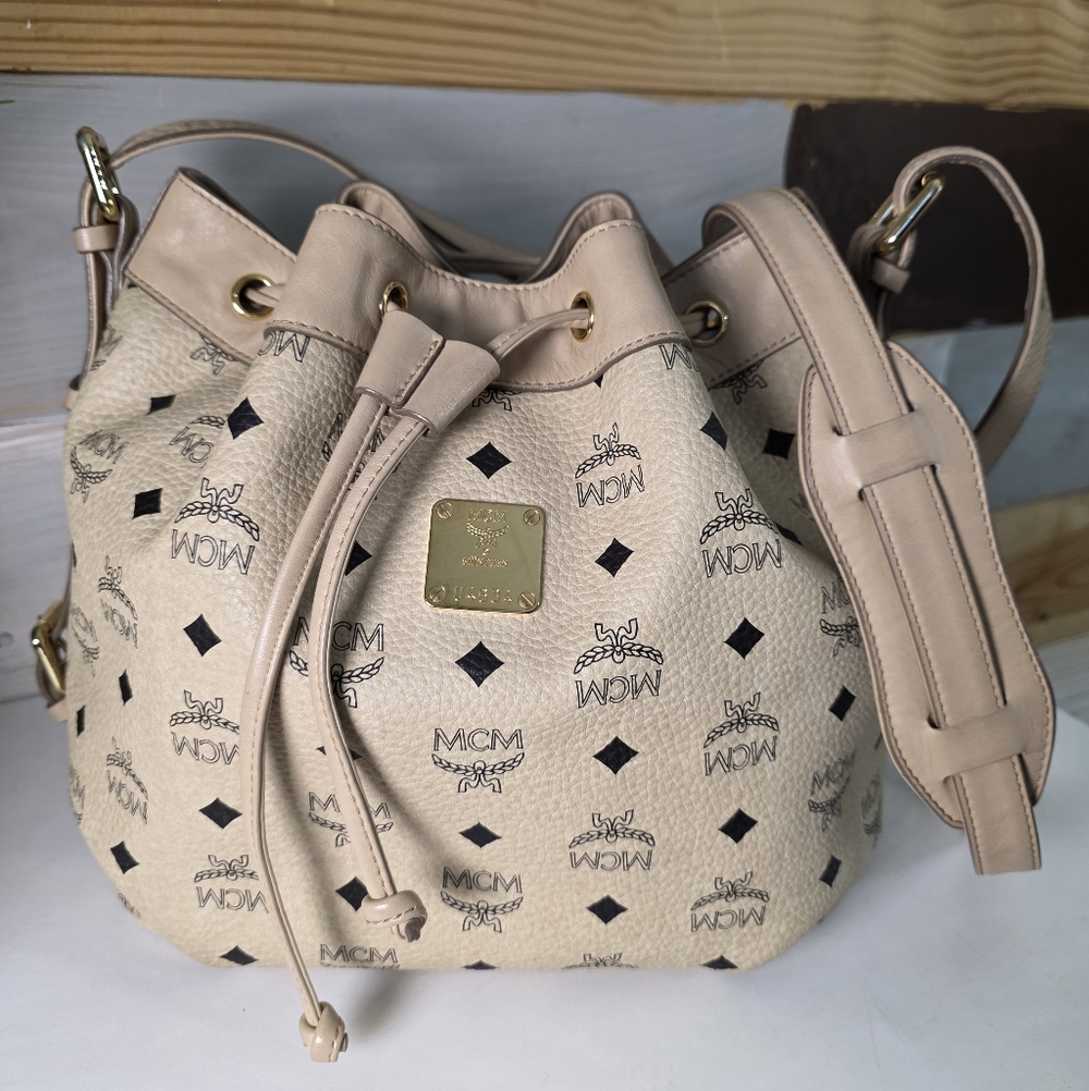 MCM Tan Monogram Drawstring Bucket Bag - image 1